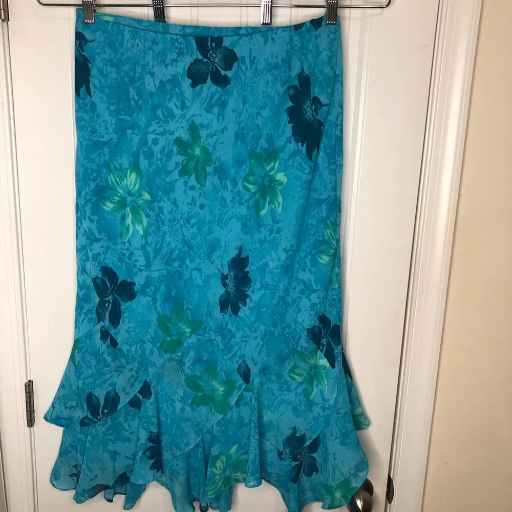 VINTAGE Y2K Fairy Floral Hawaii Tropical Ruffle Midi Skirt Blue and Green XL - Picture 9 of 11